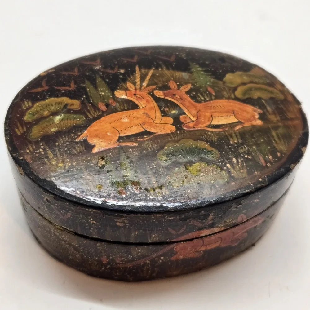 Vintage‎ Handmade Lacquered Trinket Box With Deer Motif Made In Kashmir India